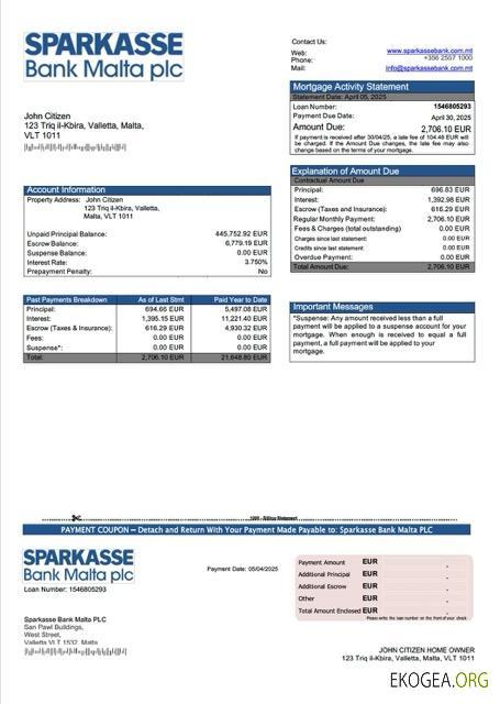 Malta Sparkasse Bank Malta PLC Relevé hypothécaire Modèle Word et PDF